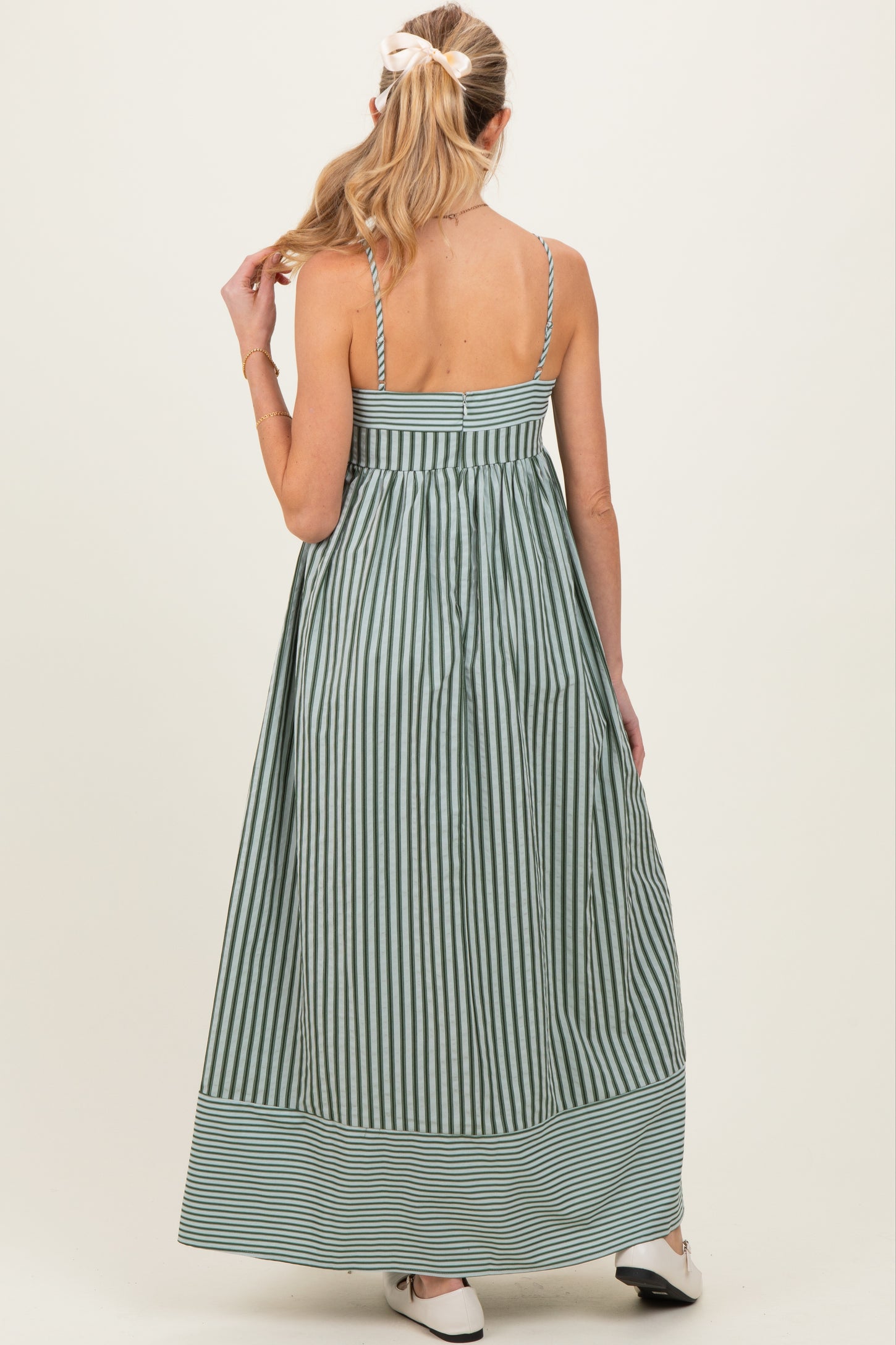 Olive Mixed Stripe Sleeveless Maternity Maxi Dress