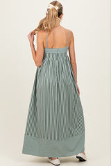 Olive Mixed Stripe Sleeveless Maternity Maxi Dress