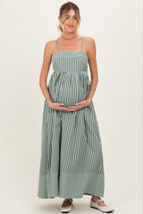 Olive Mixed Stripe Sleeveless Maternity Maxi Dress
