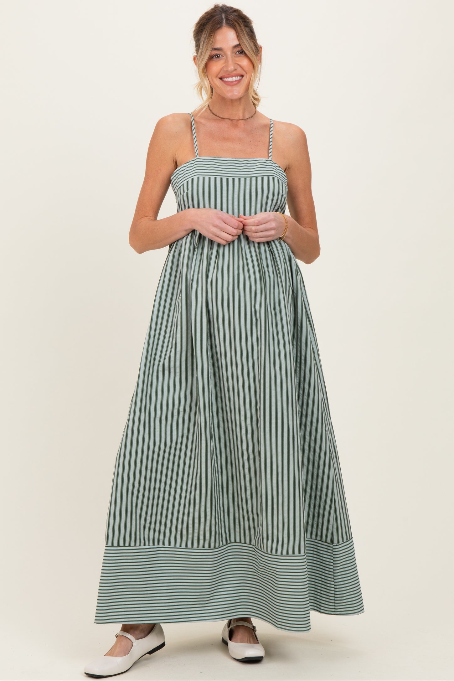 Olive Mixed Stripe Sleeveless Maternity Maxi Dress