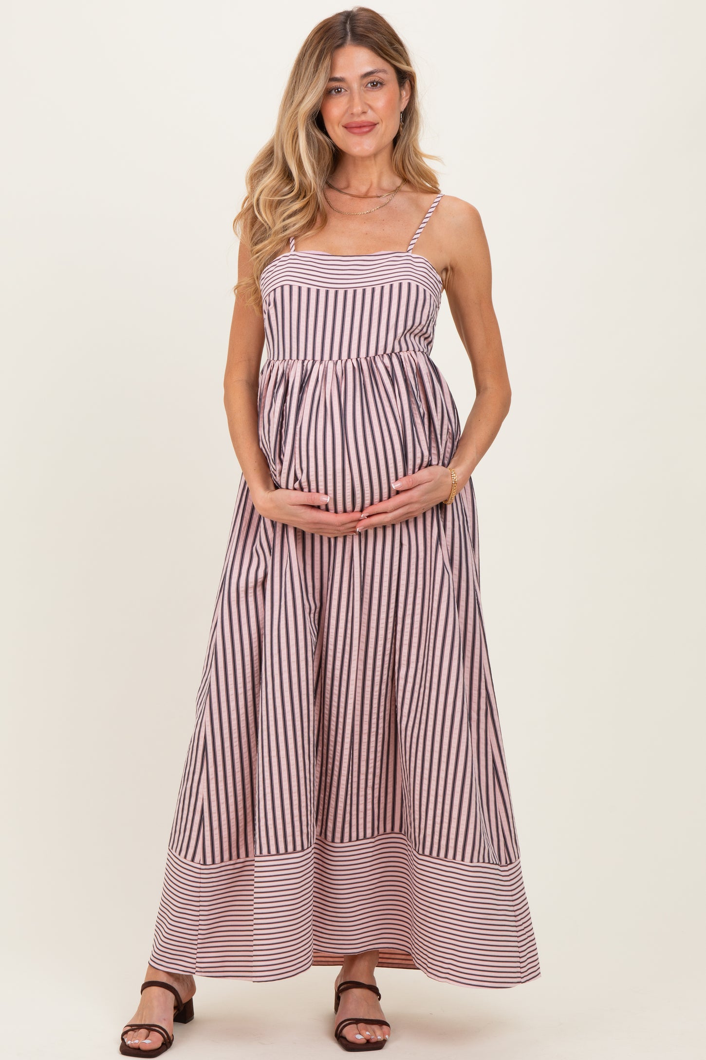 Mauve Mixed Stripe Sleeveless Maternity Maxi Dress