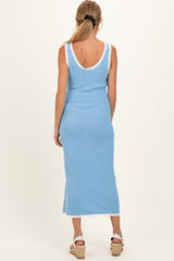 Light Blue Knit Sleeveless Contrast Trim Maternity Maxi Dress