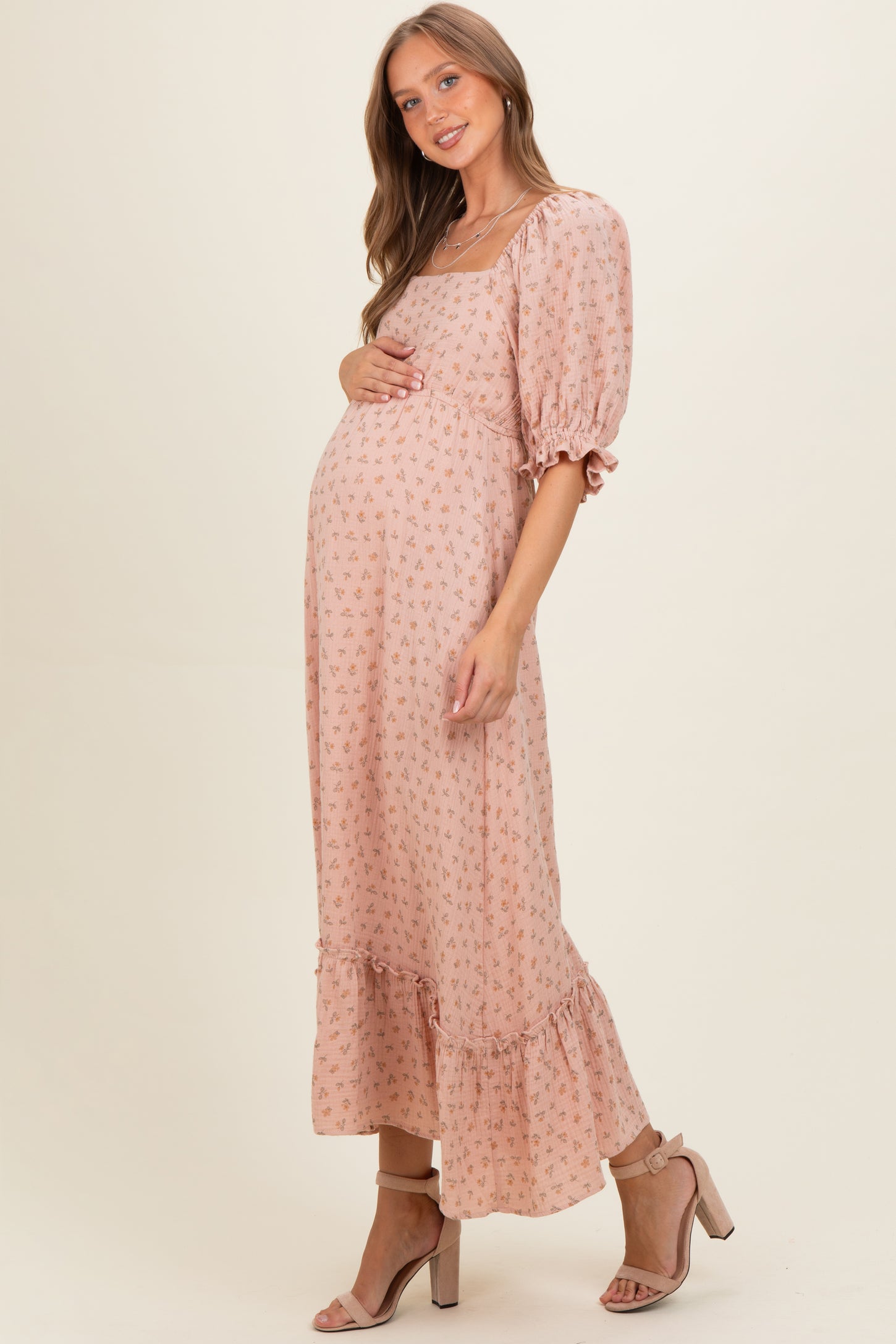 Mauve Floral Square Neck Maternity Maxi Dress