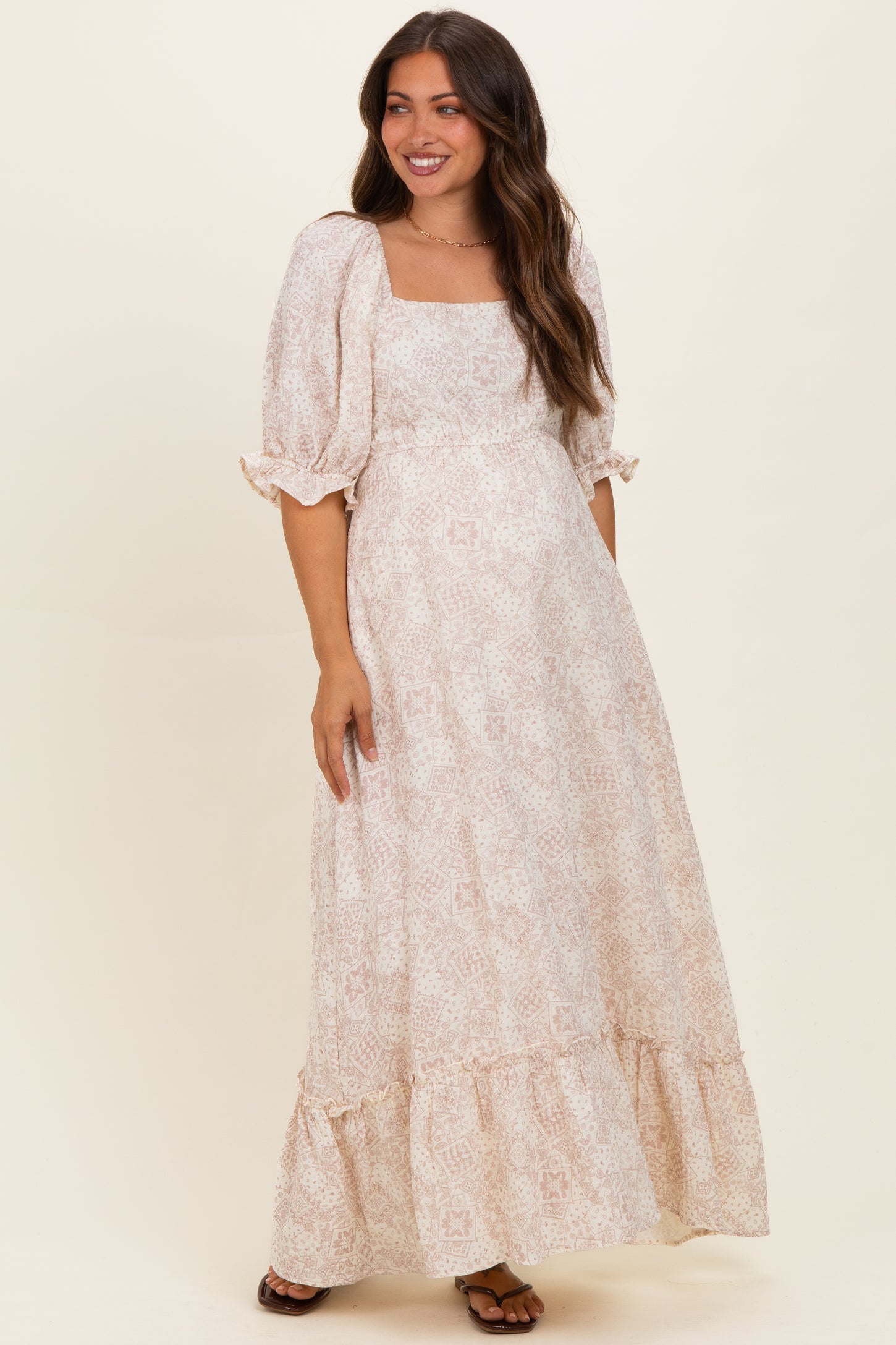 Light Pink Paisley Square Neck Maternity Maxi Dress