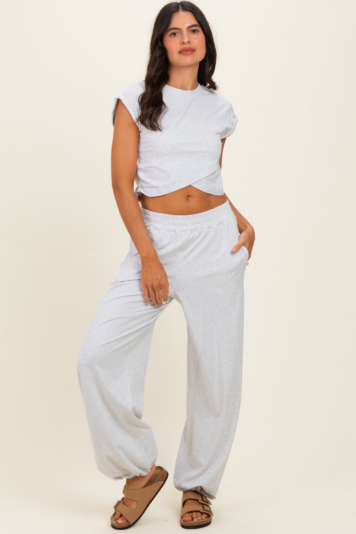 Light Heather Grey Cropped Tank Pant Maternity Set
