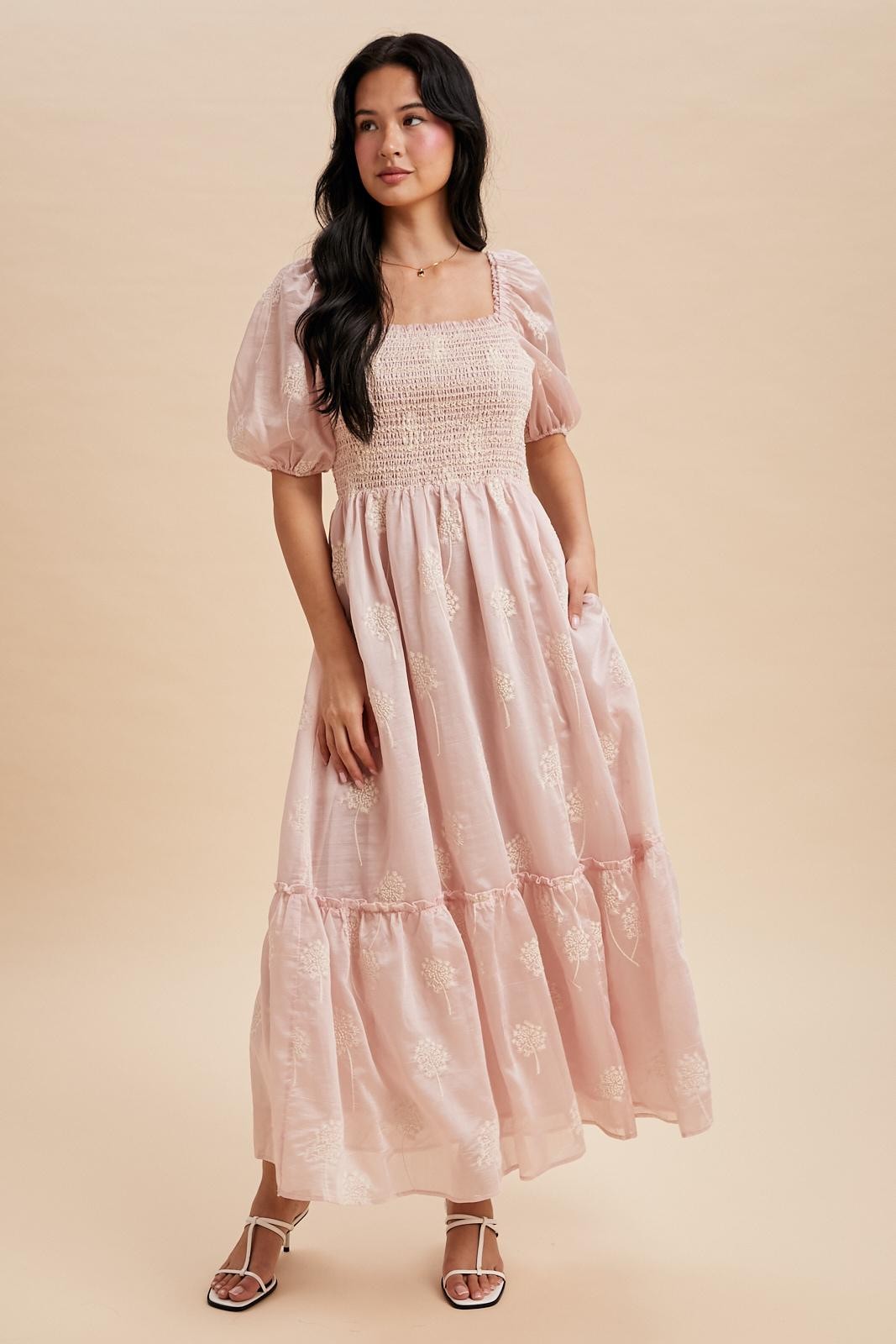 Light Pink Embroidered Floral Smocked Maternity Maxi Dress