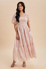 Light Pink Embroidered Floral Smocked Maternity Maxi Dress