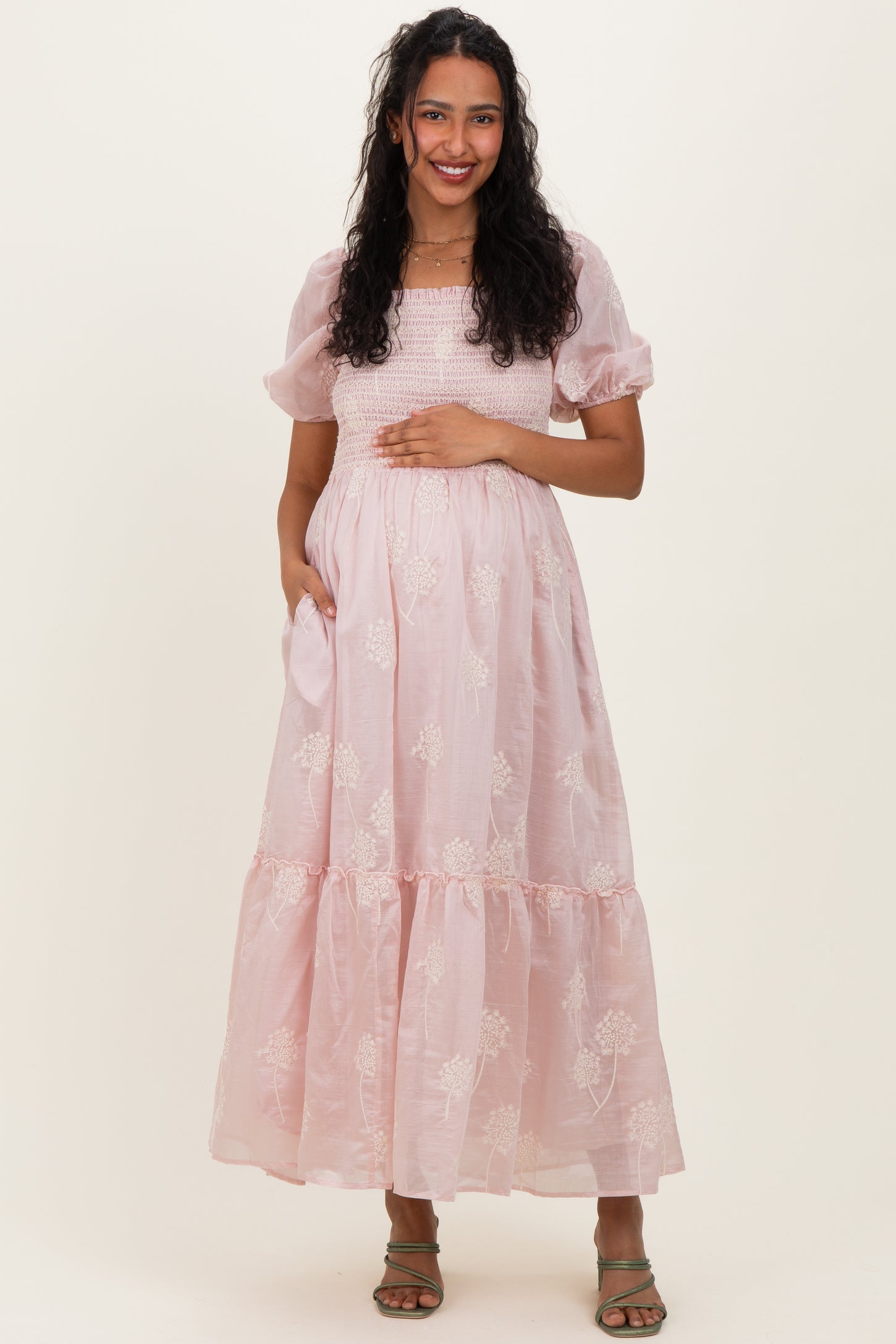Light Pink Embroidered Floral Smocked Maternity Maxi Dress