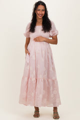 Light Pink Embroidered Floral Smocked Maternity Maxi Dress
