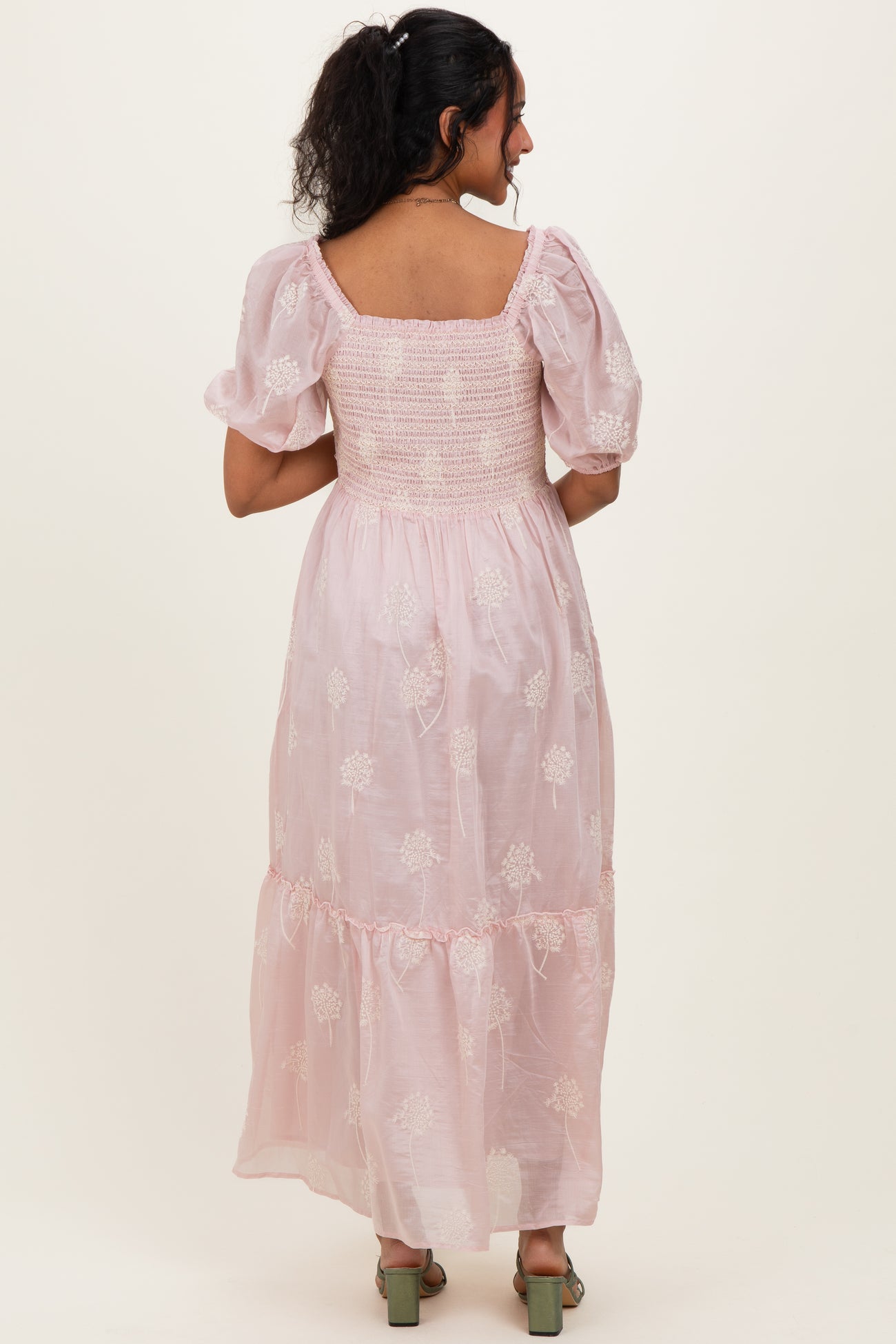 Light Pink Embroidered Floral Smocked Maternity Maxi Dress