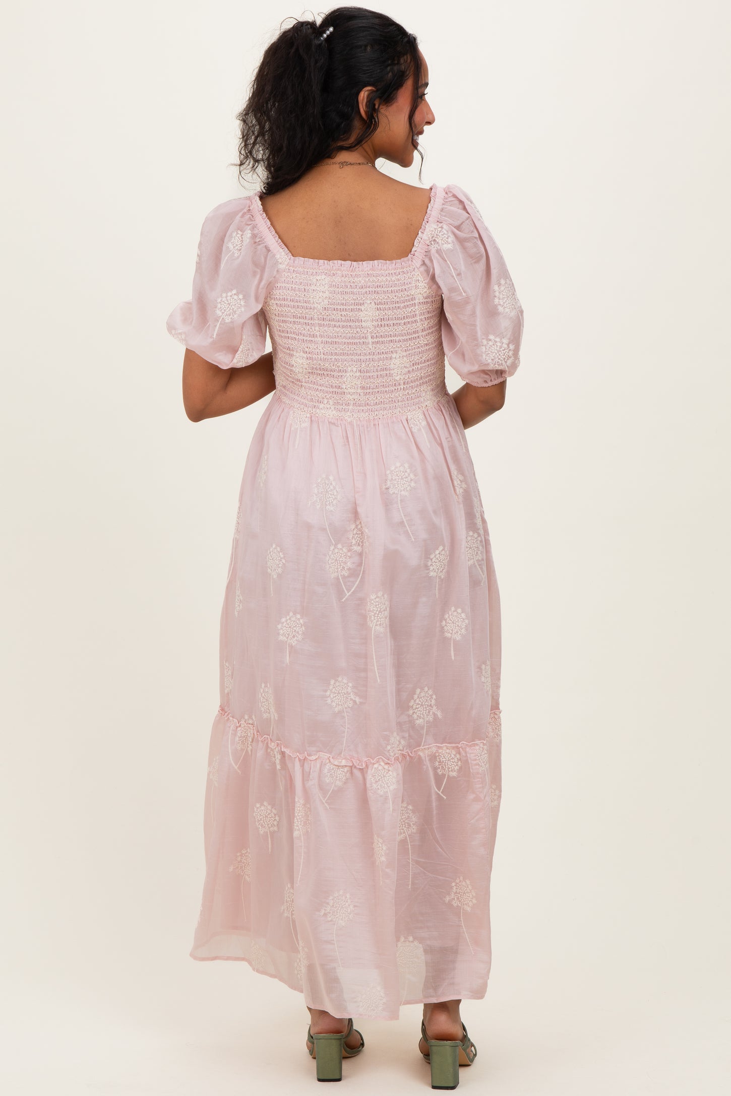 Light Pink Embroidered Floral Smocked Maternity Maxi Dress