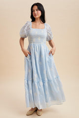Light Blue Embroidered Floral Smocked Maternity Maxi Dress