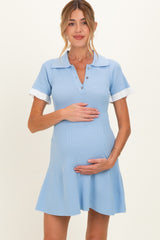 Blue Knit Ruffle Sleeve Maternity Mini Polo Dress