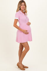 Pink Knit Ruffle Sleeve Maternity Mini Polo Dress