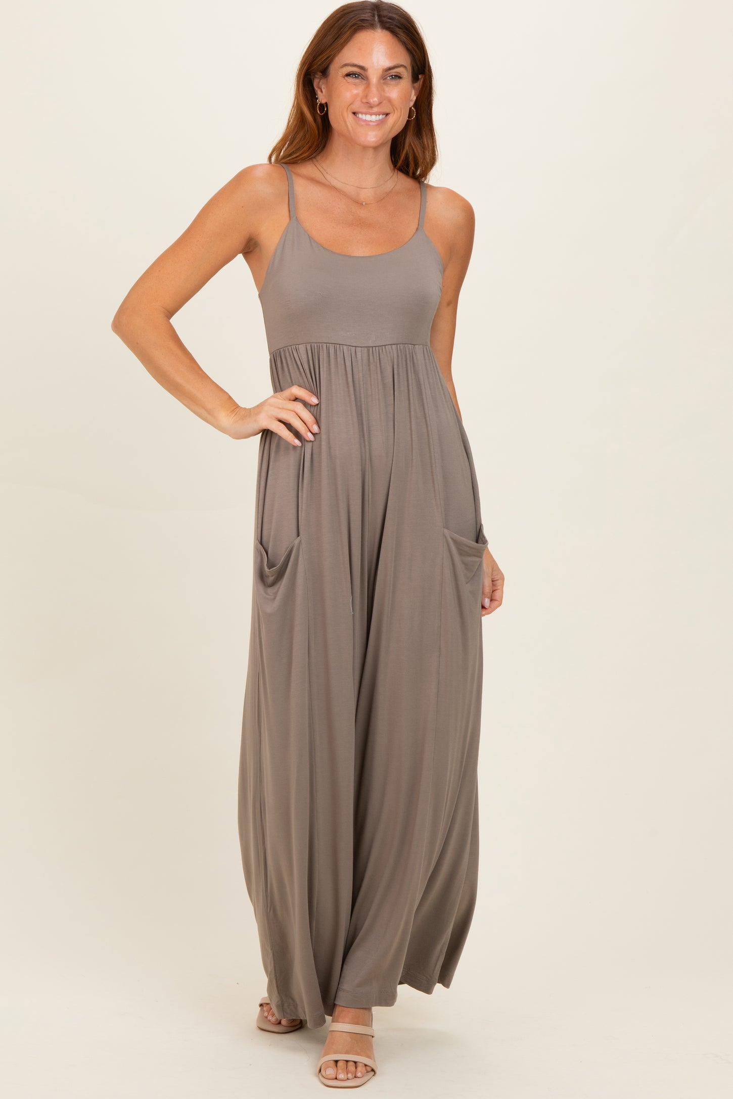 Moss Brown Sleeveless Wide Leg Jumpsuit