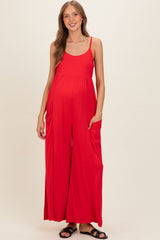 Red Sleeveless Wide Leg Maternity Jumpsuit