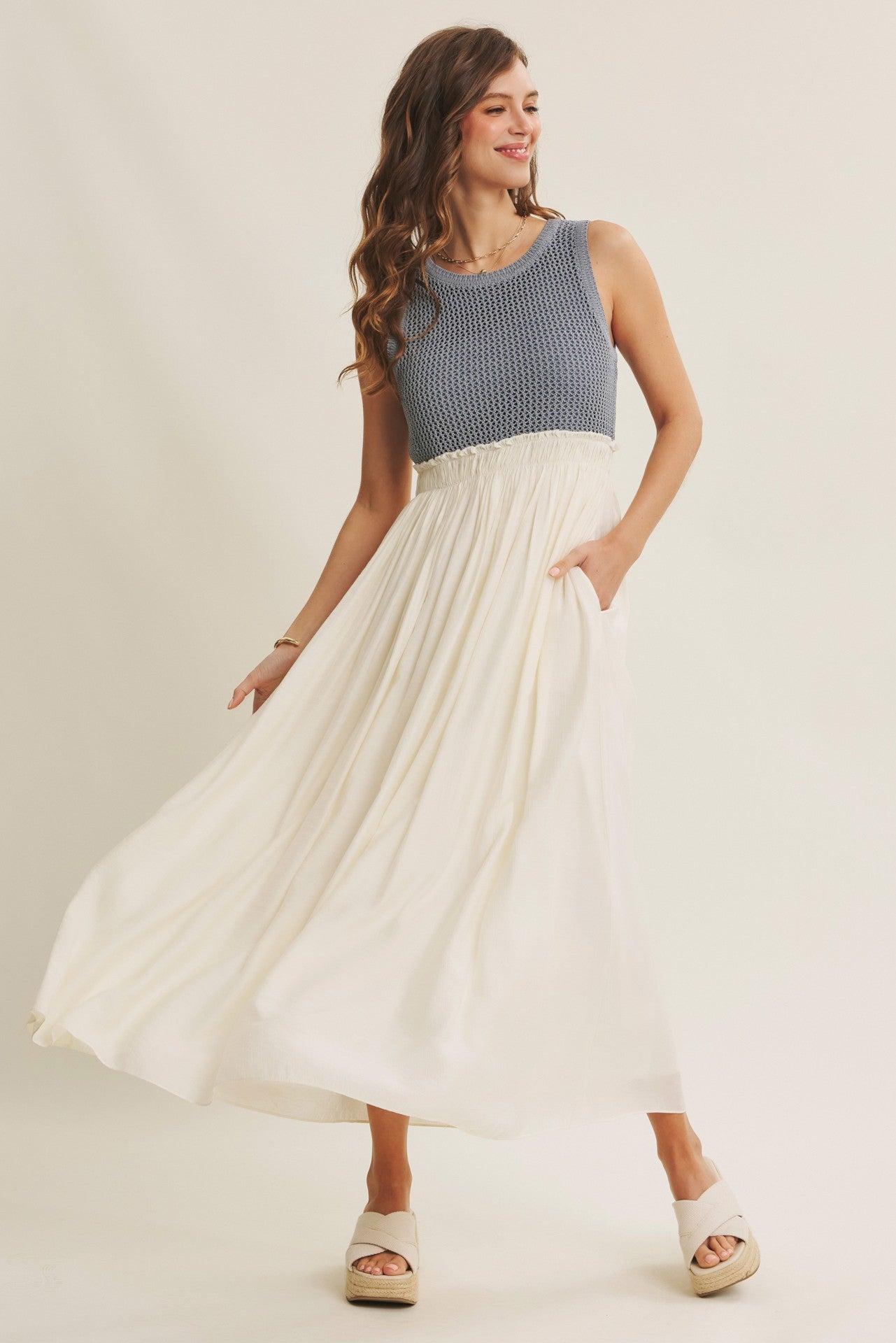 Dusty Blue Knit Bodice Contrast Skirt Maternity Maxi Dress