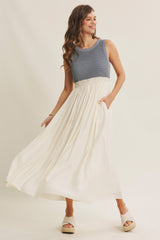Dusty Blue Knit Bodice Contrast Skirt Maternity Maxi Dress