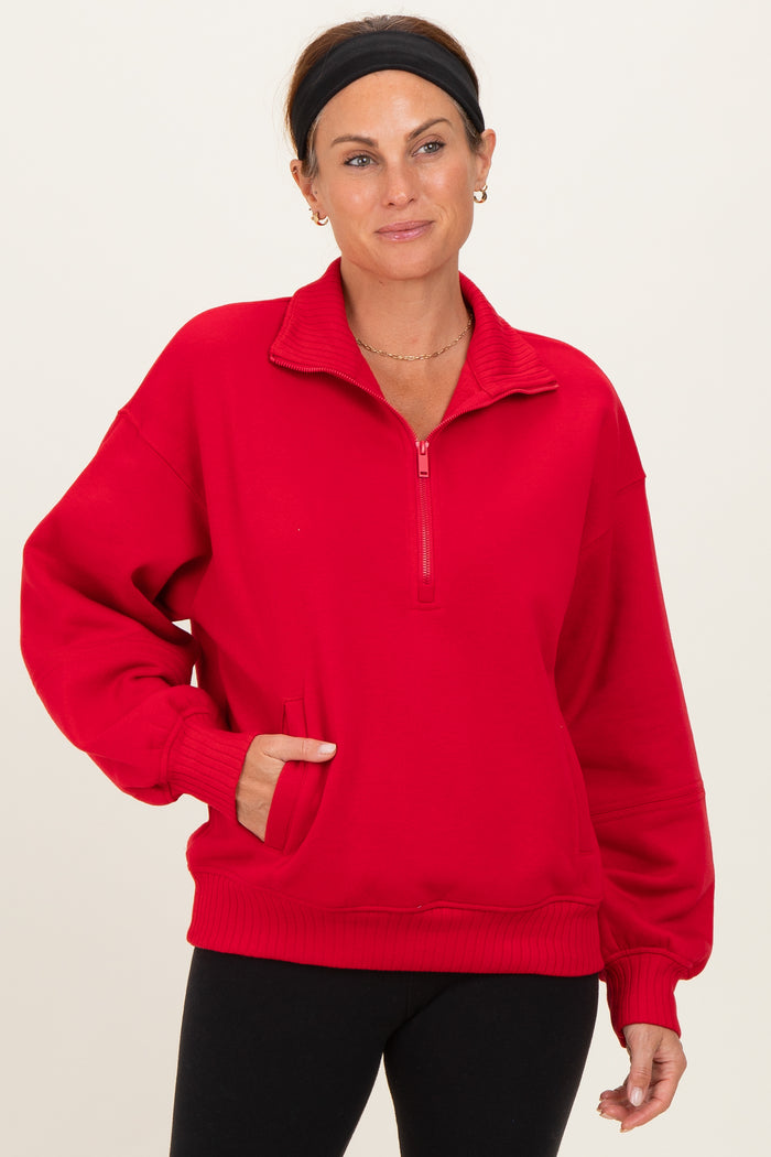 Red French Terry Quarter Zip Maternity Pullover