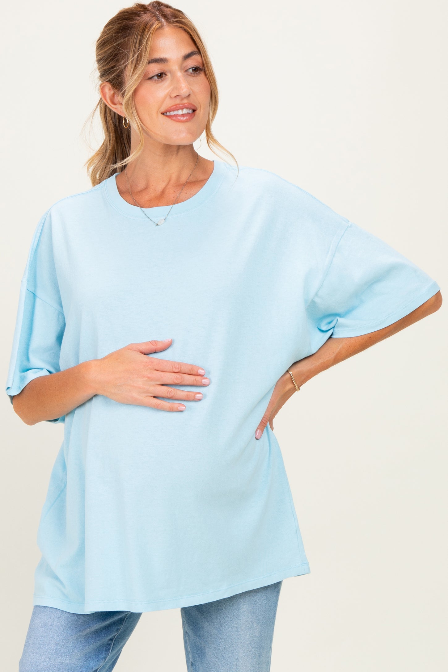 Light Blue Oversized Mineral Wash Maternity T-Shirt