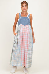 Multicolor Plaid Overall Maternity Maxi Dress