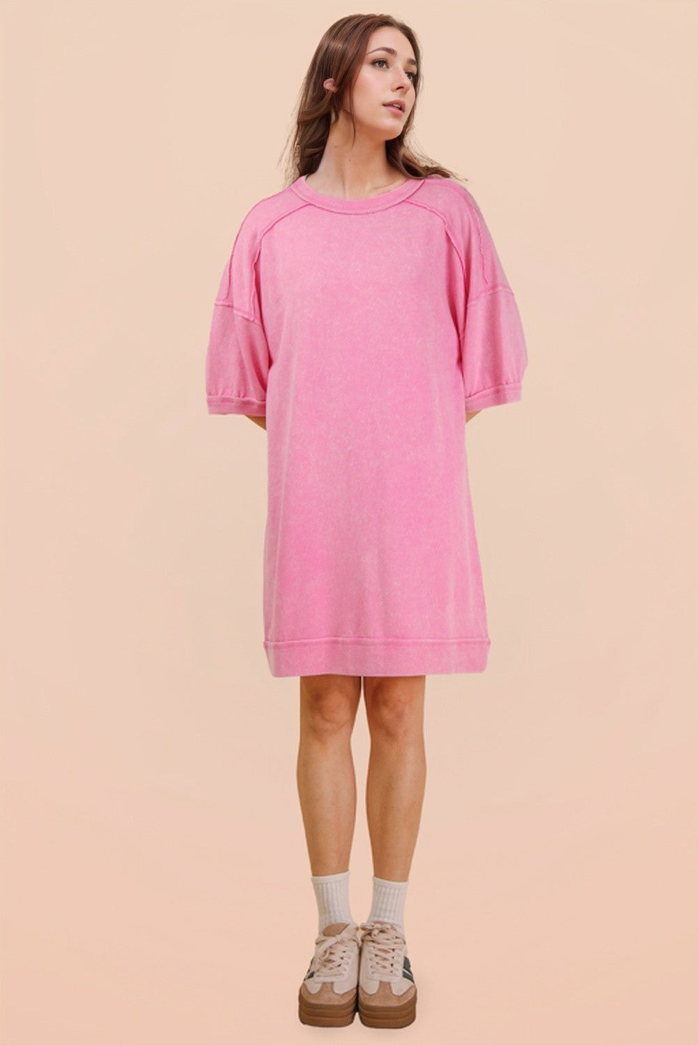 Hot Pink Mineral Wash French Terry Knit T-Shirt Dress