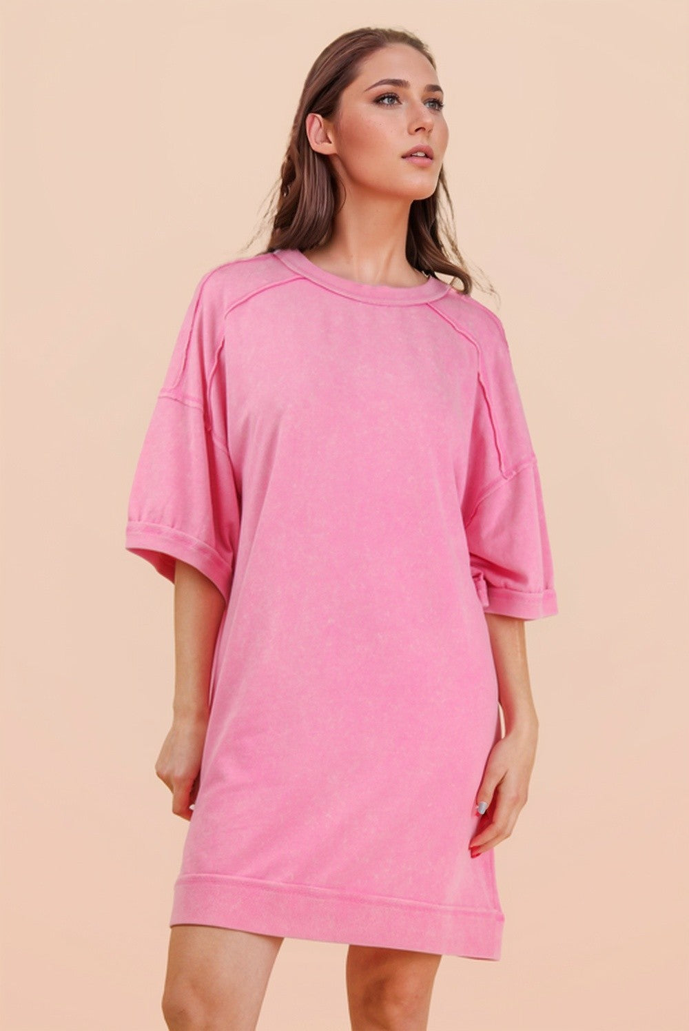 Hot Pink Mineral Wash French Terry Knit T-Shirt Dress