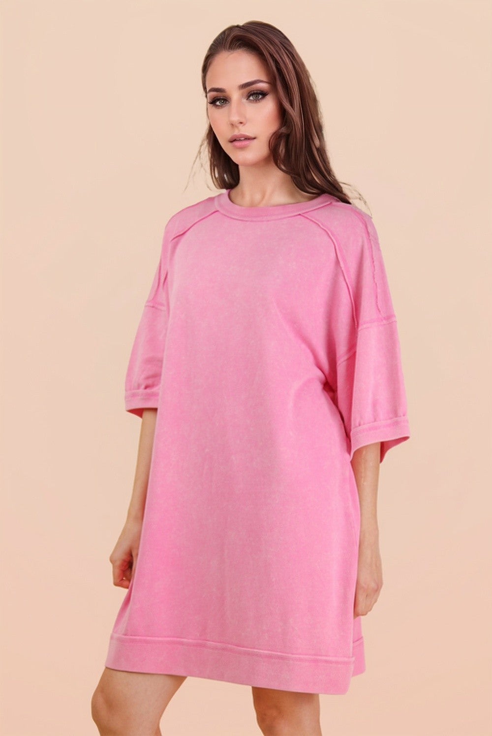 Hot Pink Mineral Wash French Terry Knit T-Shirt Dress