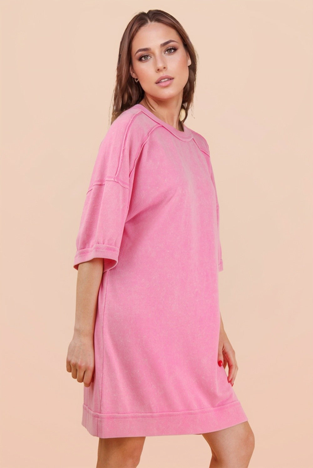 Hot Pink Mineral Wash French Terry Knit T-Shirt Dress
