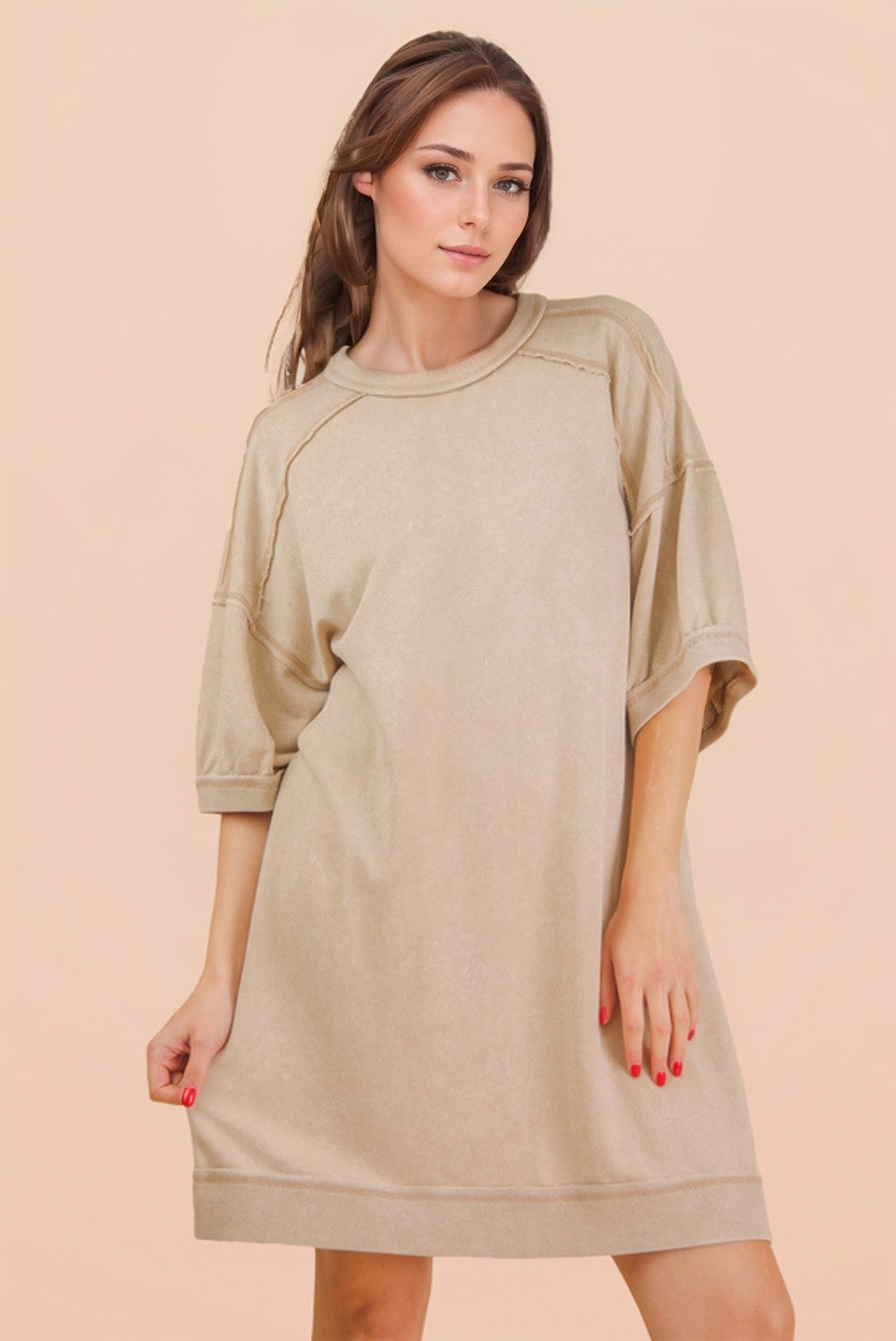 Beige Mineral Wash French Terry Knit T-Shirt Dress