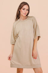 Beige Mineral Wash French Terry Knit T-Shirt Dress