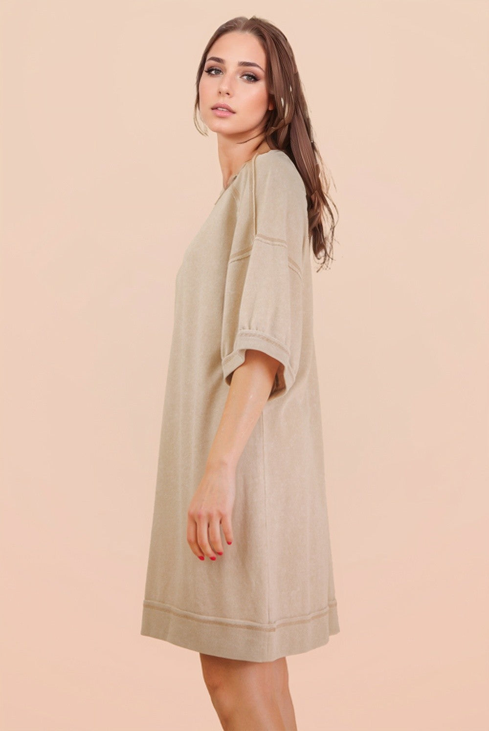 Beige Mineral Wash French Terry Knit T-Shirt Dress