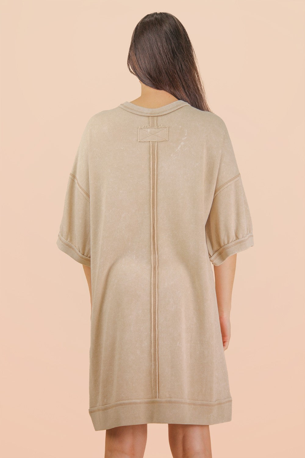 Beige Mineral Wash French Terry Knit T-Shirt Dress