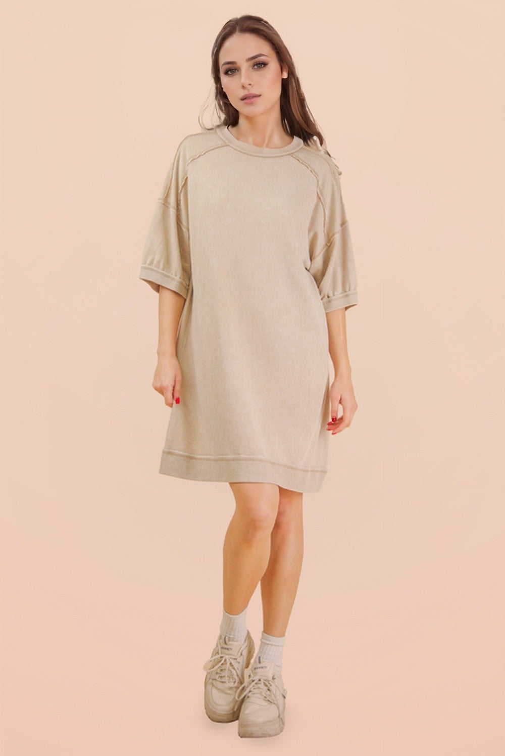 Beige Mineral Wash French Terry Knit T-Shirt Dress