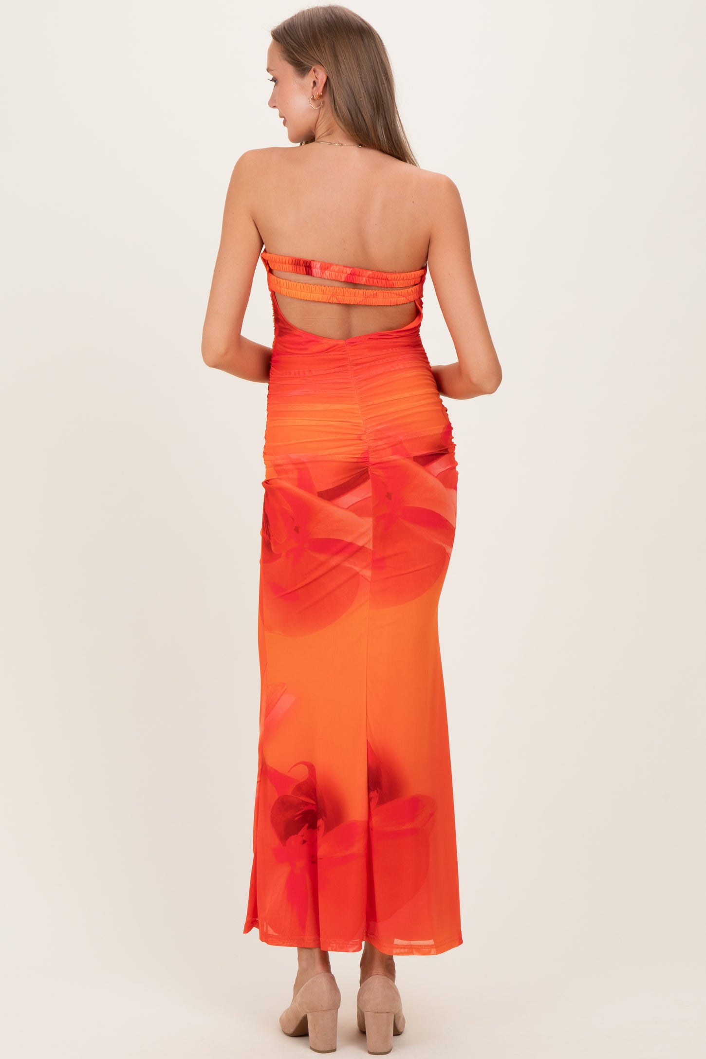 Orange Floral Strapless Cutout Back Maternity Maxi Dress