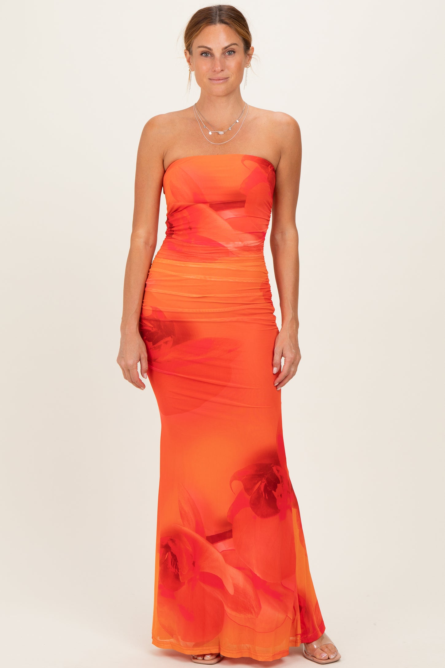 Orange Floral Strapless Cutout Back Maternity Maxi Dress