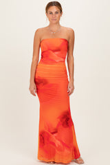 Orange Floral Strapless Cutout Back Maternity Maxi Dress