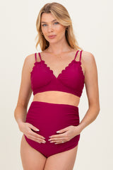 Burgundy Scalloped V-Neck High Waist Two-Piece Maternity Swimsuit