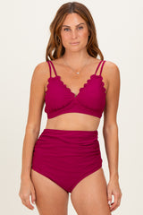 Burgundy Scalloped V-Neck High Waist Two-Piece Swimsuit