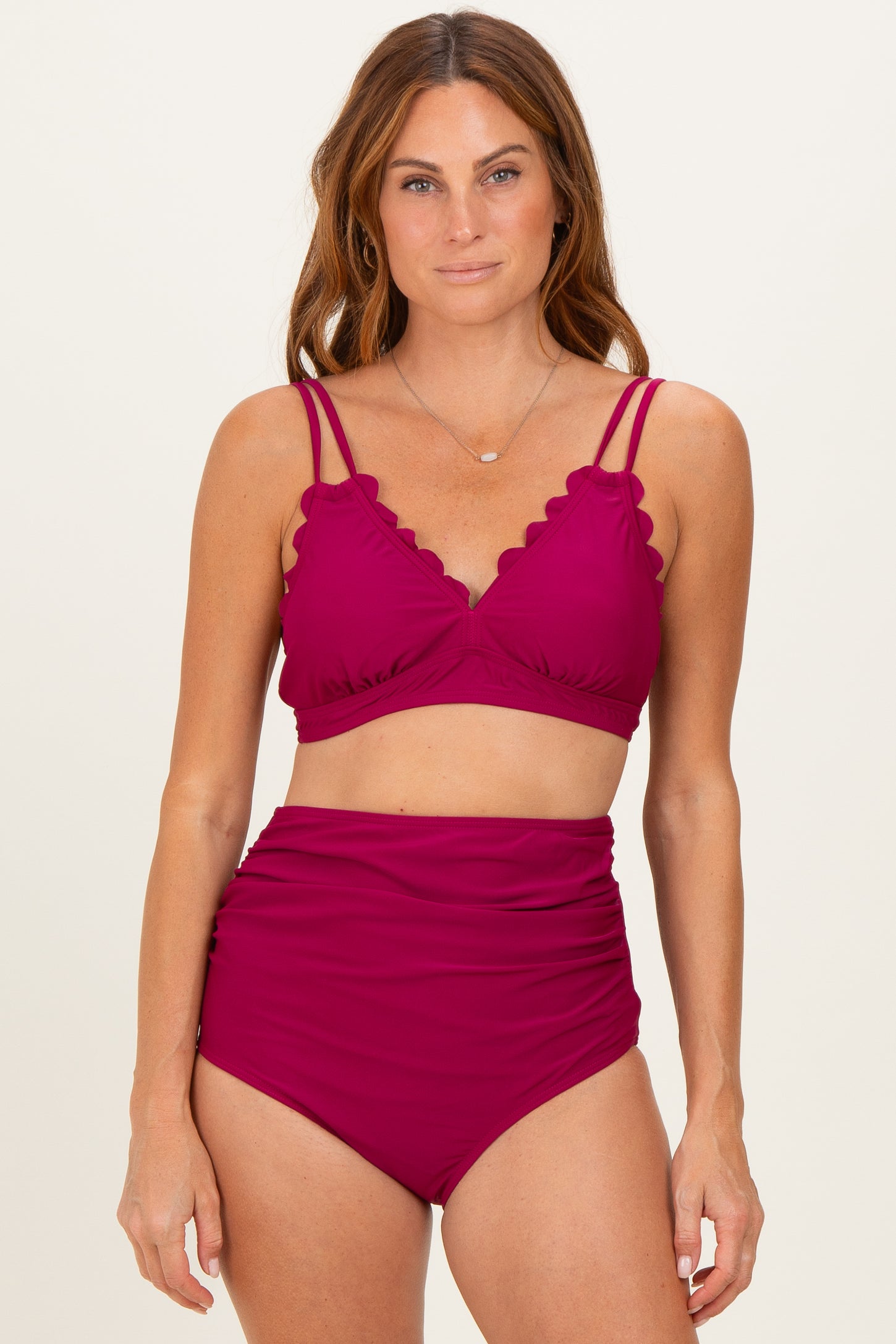Burgundy Scalloped V-Neck High Waist Two-Piece Maternity Swimsuit