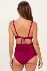 Burgundy Scalloped V-Neck High Waist Two-Piece Swimsuit