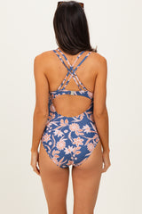 Navy Floral Ruched Strappy Cross Back One Piece Swimsuit