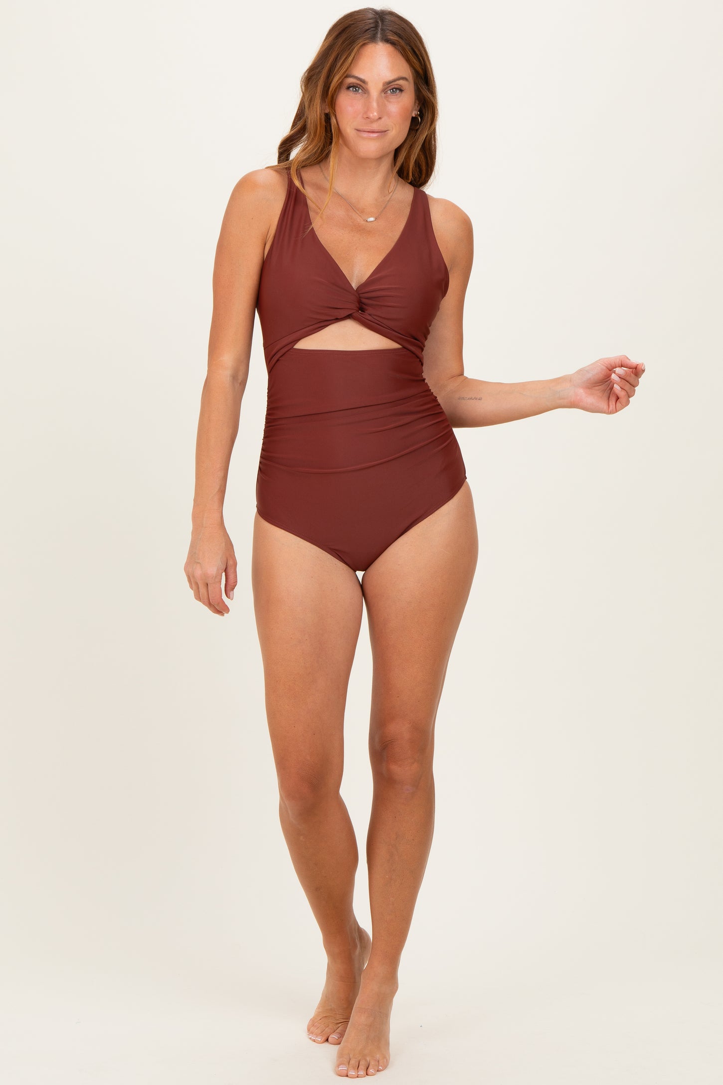 Brown Ruched Sides Front Cutout Maternity One Piece Swimsuit