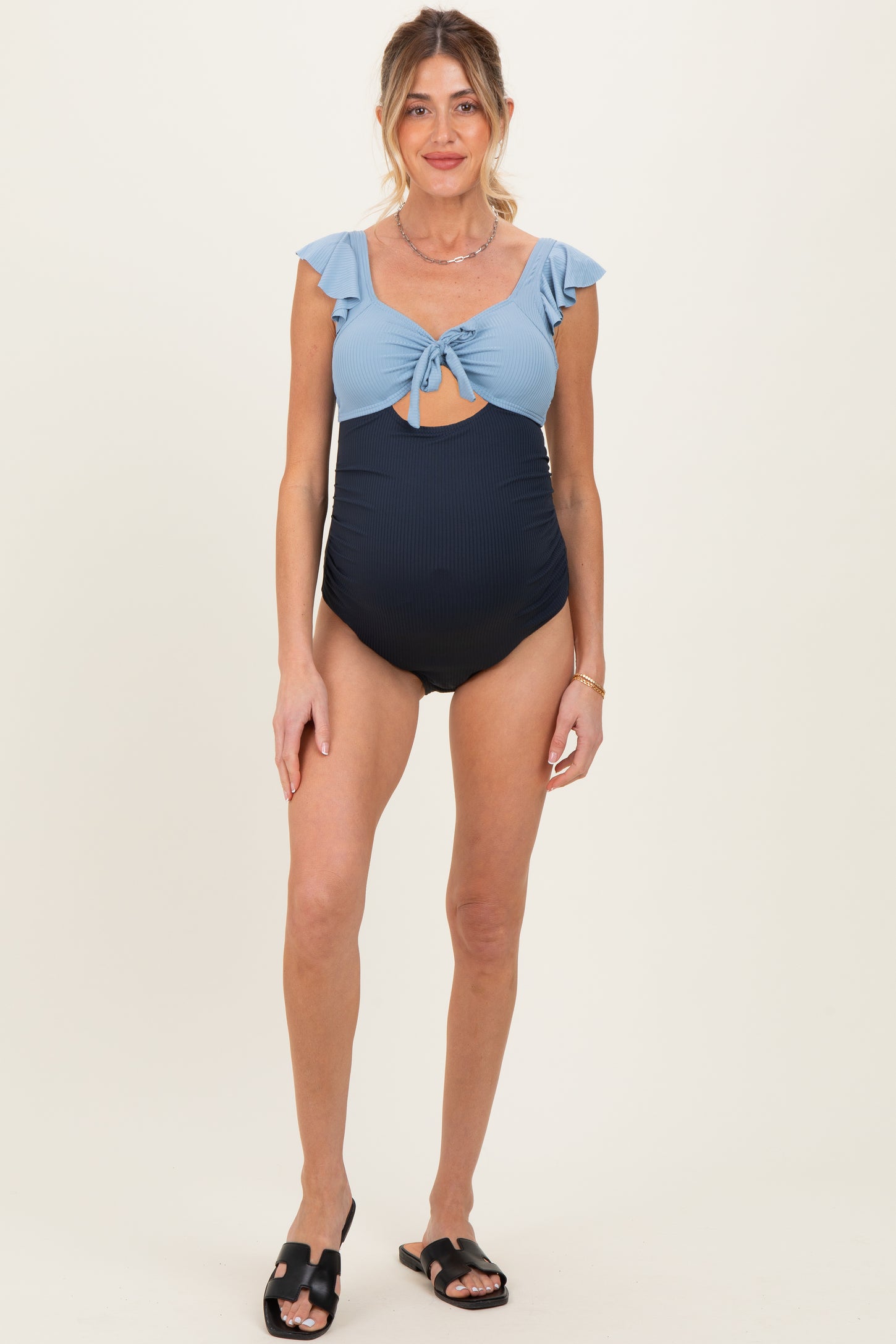 Blue Two Tone Ribbed Front Tie Cutout Ruched Maternity Swimsuit