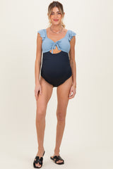 Blue Two Tone Ribbed Front Tie Cutout Ruched Maternity Swimsuit