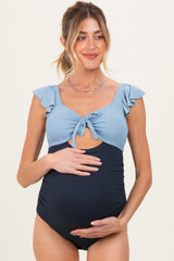 Blue Two Tone Ribbed Front Tie Cutout Ruched Maternity Swimsuit