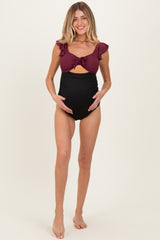 Wine Two Tone Ribbed Front Tie Cutout Ruched Maternity Swimsuit