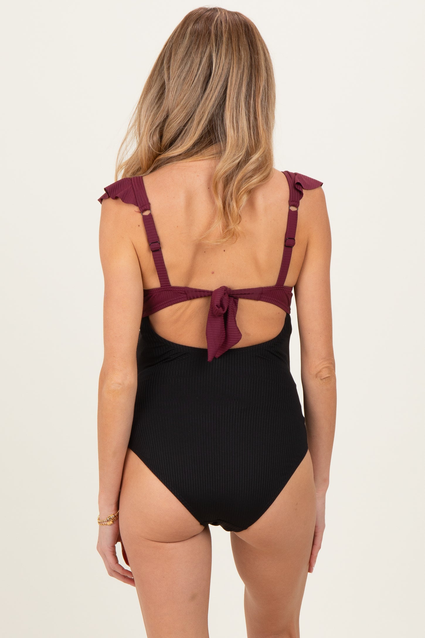 Wine Two Tone Ribbed Front Tie Cutout Ruched Maternity Swimsuit
