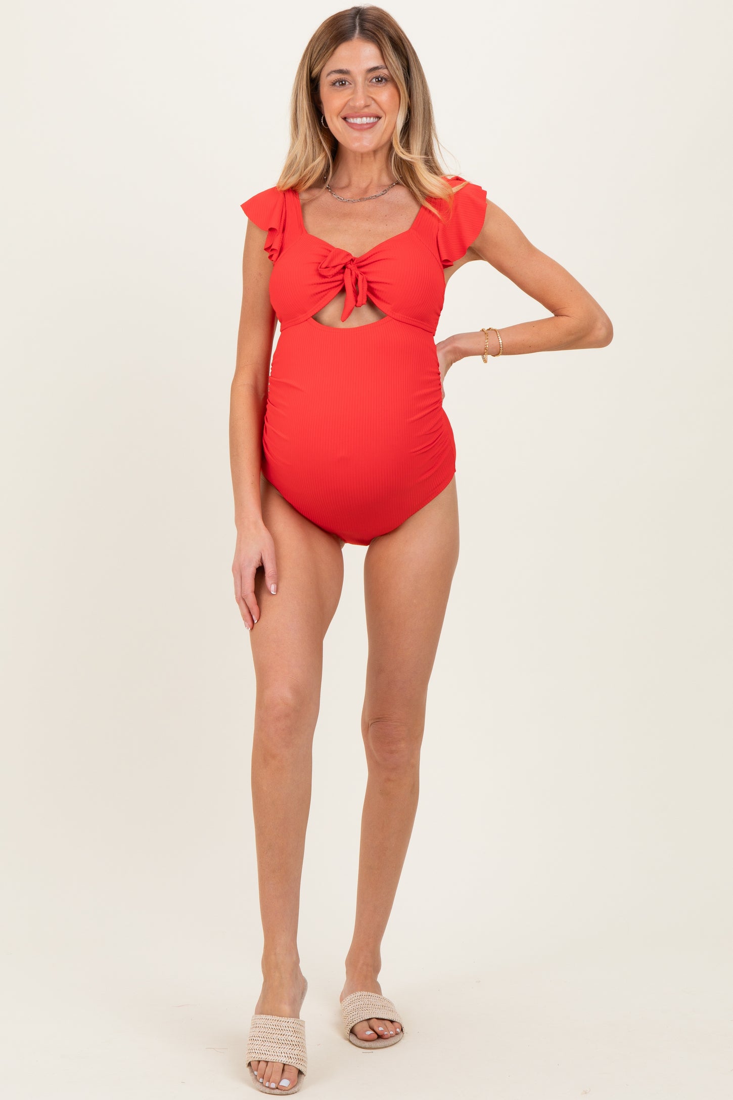 Red Ribbed Front Tie Cutout Ruched Maternity Swimsuit