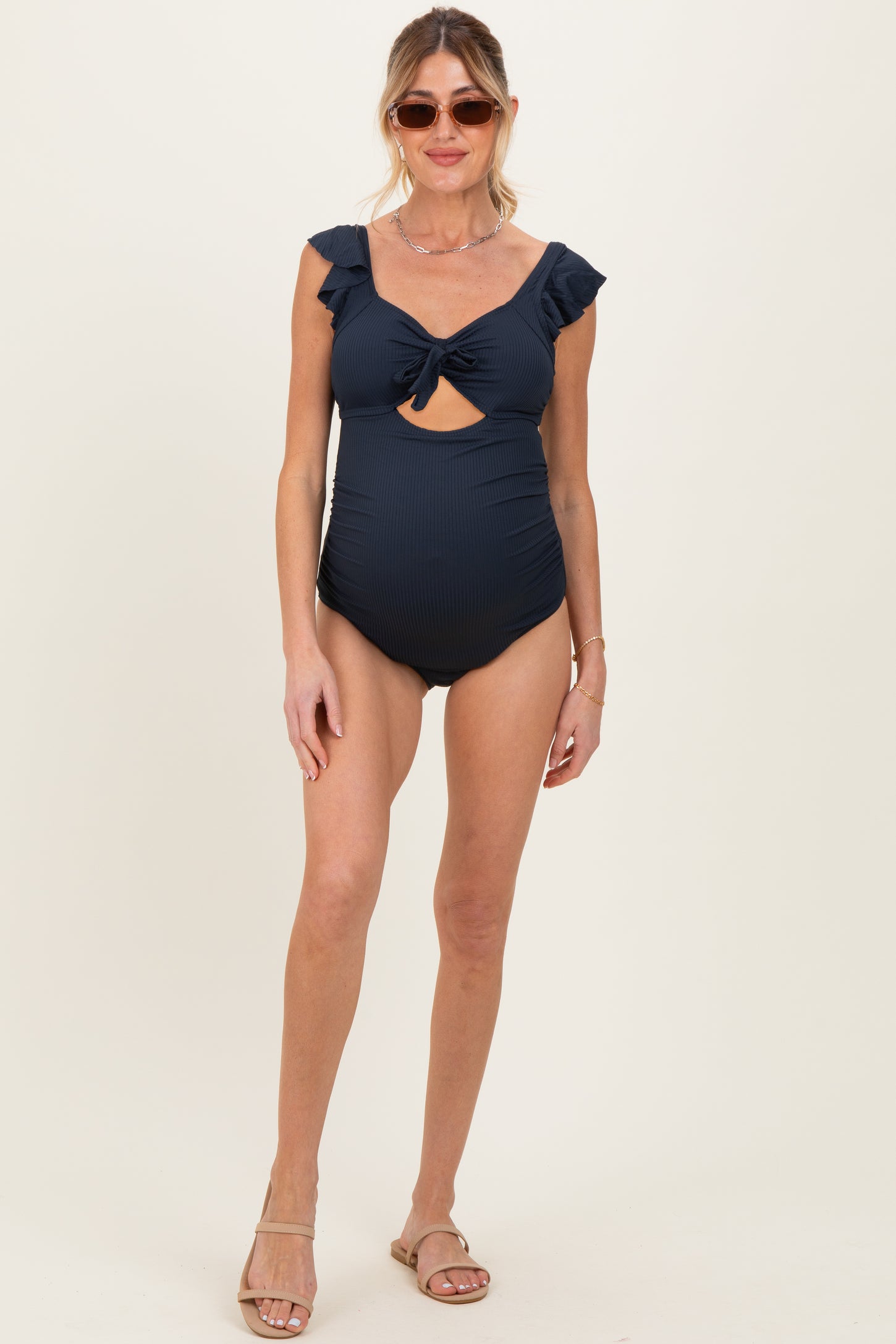 Navy Ribbed Front Tie Cutout Ruched Maternity Swimsuit